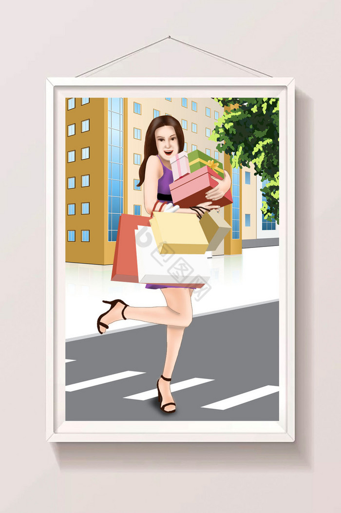 女性商场购物怀抱礼品送礼插画图片