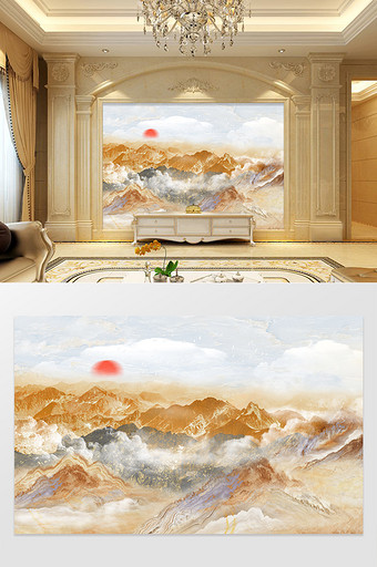 新中式大气山川飞鸟大理石纹理电视背景墙图片
