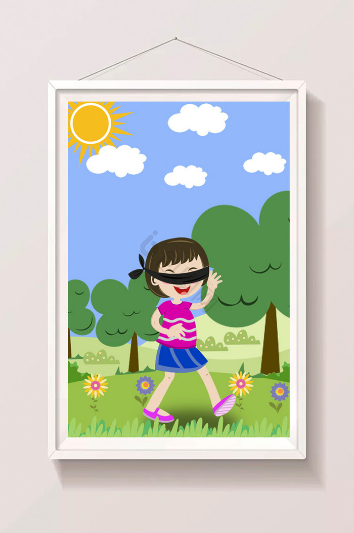 户外捉迷藏女孩暑假生活插画