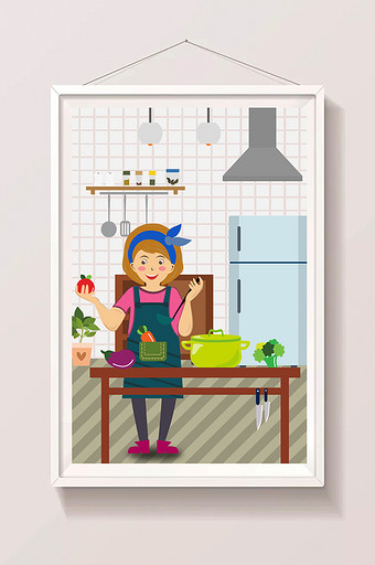 室内厨房做饭可爱女孩暑假生活插画图片