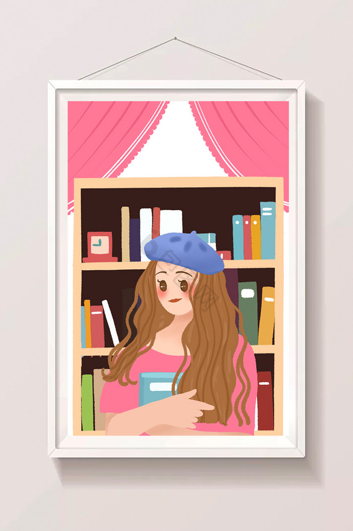 暑期补习学生书架抱书女孩插画图片