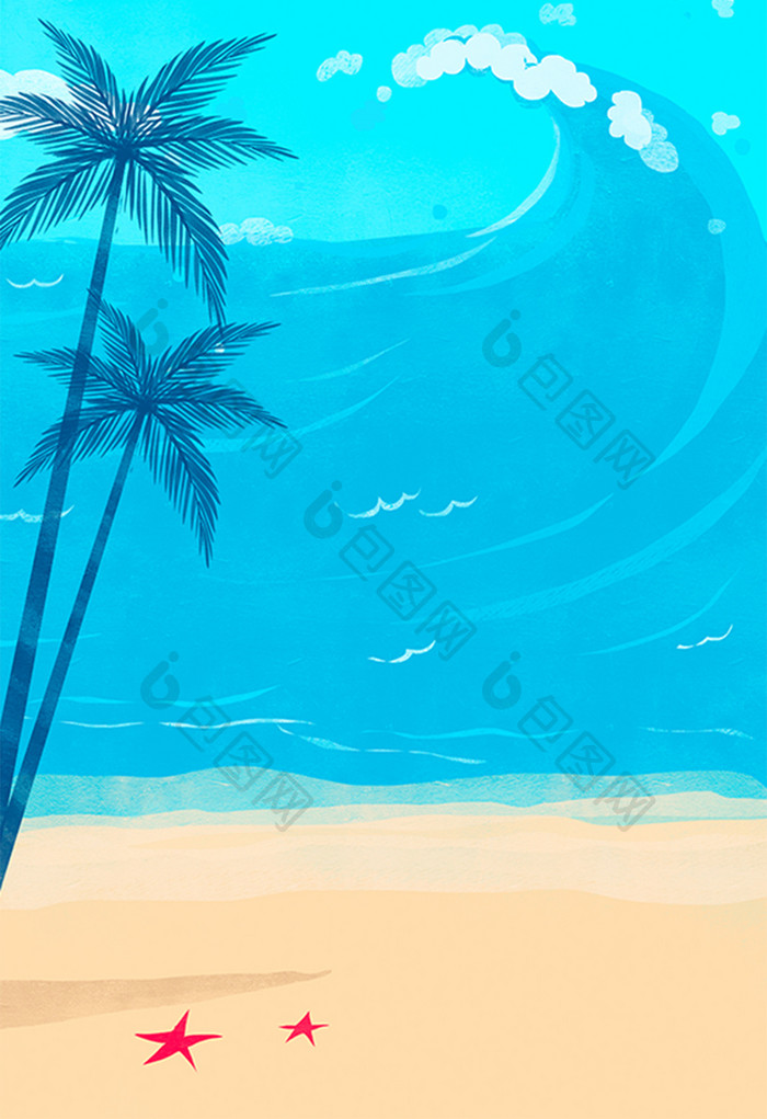 卡通大海海浪沙滩椰树