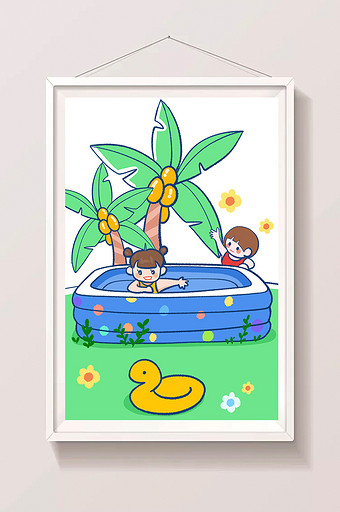 毛边风格儿童插画夏季游泳玩水小孩插画图片