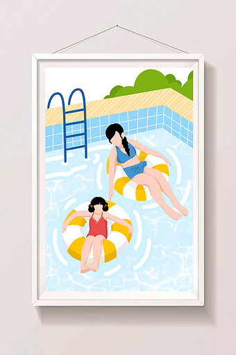 扁平风母女游泳暑期生活插画图片