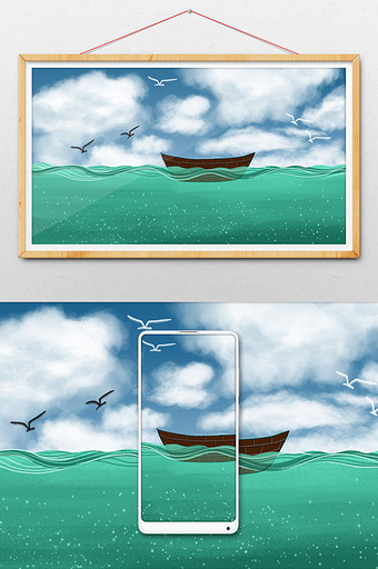 清新海边背景风景海鸟水彩手绘夏日背景图片