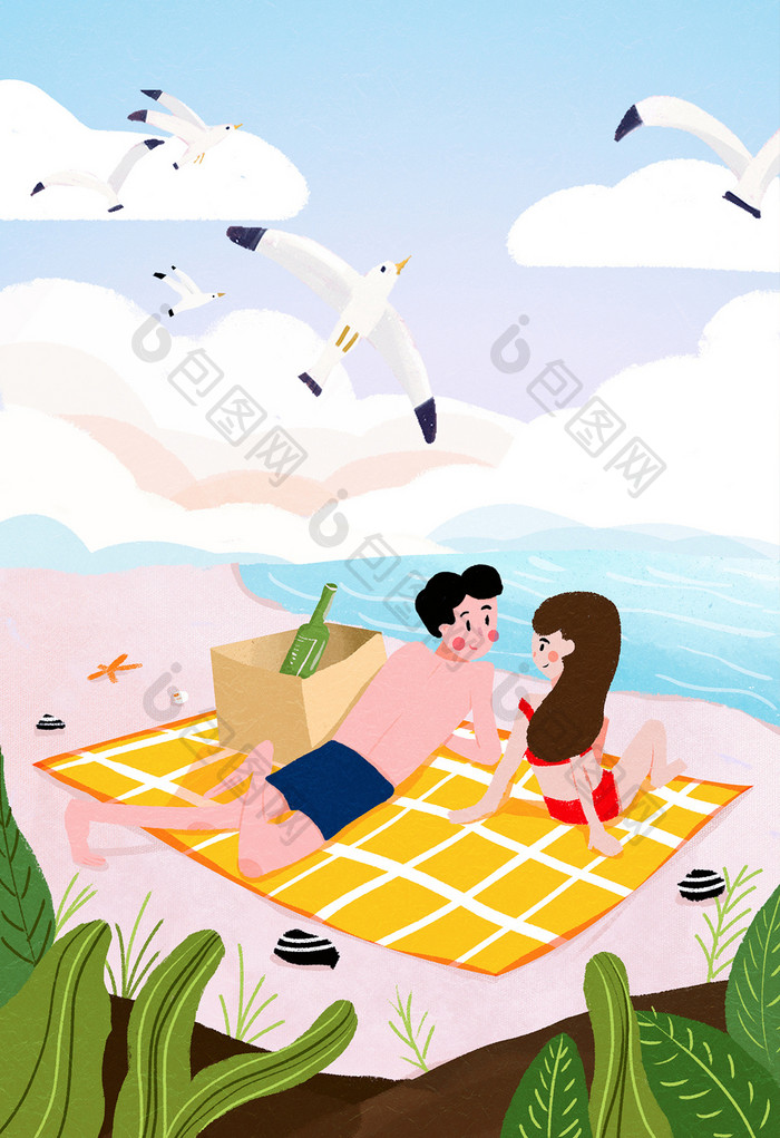 唯美小清新纯色暑假情侣海边夏季插画