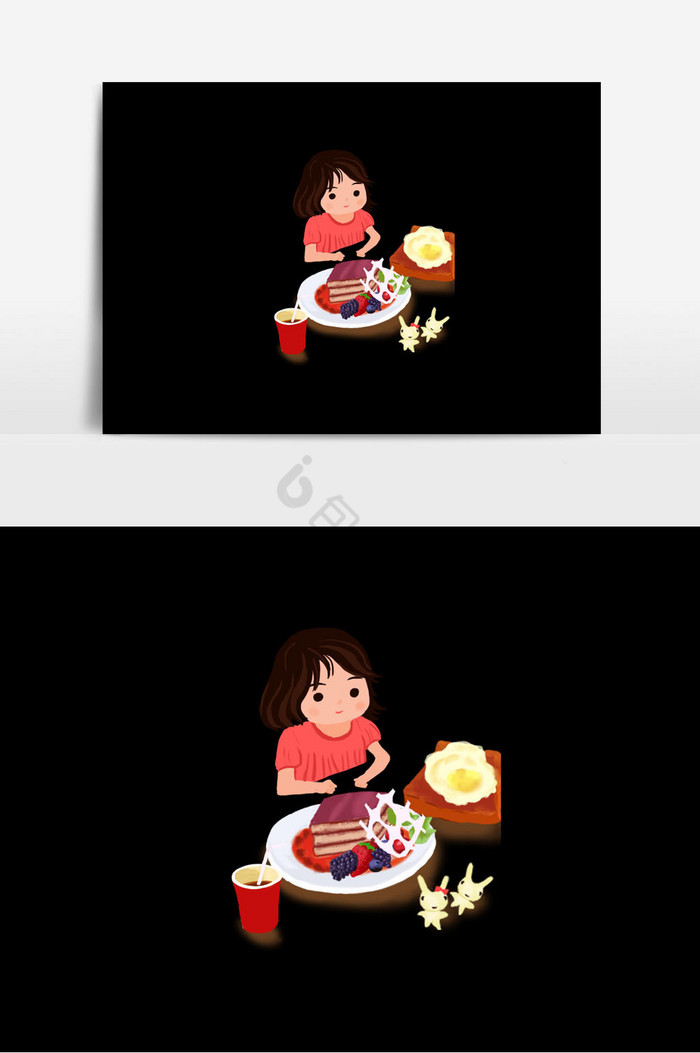 女孩吃食物插画图片