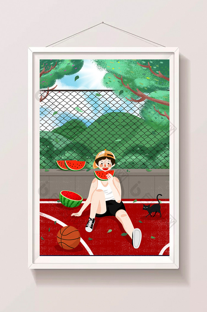 清新节气大暑插画男孩篮球场上吃西瓜插画