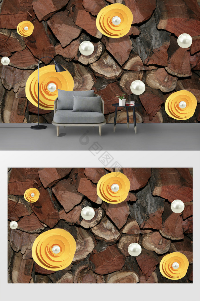 现代简约木质现代风珍珠花卉定制背景墙图片