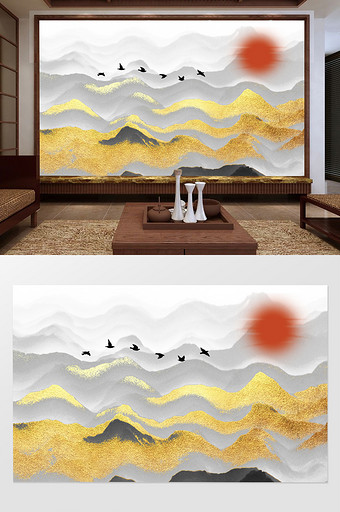 新中式金箔山水飞鸟创意古风大气背景墙图片