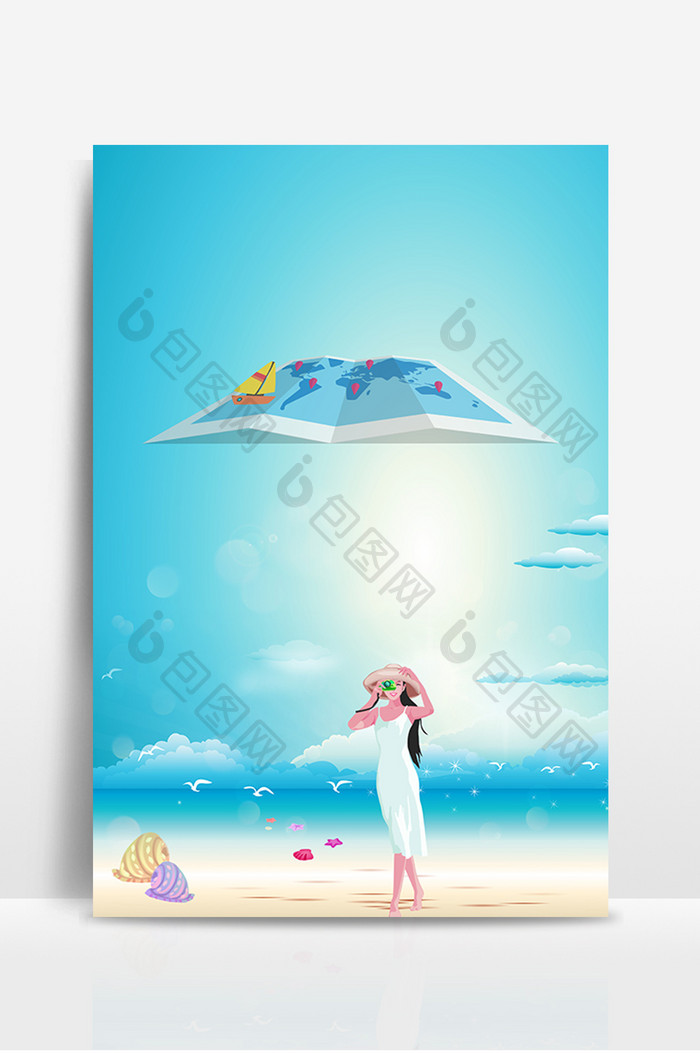 夏日海岛旅游女孩广告设计背影图
