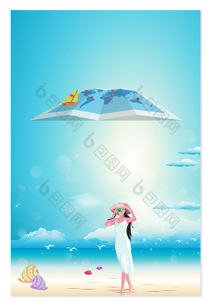 夏日海岛旅游女孩广告设计背影图