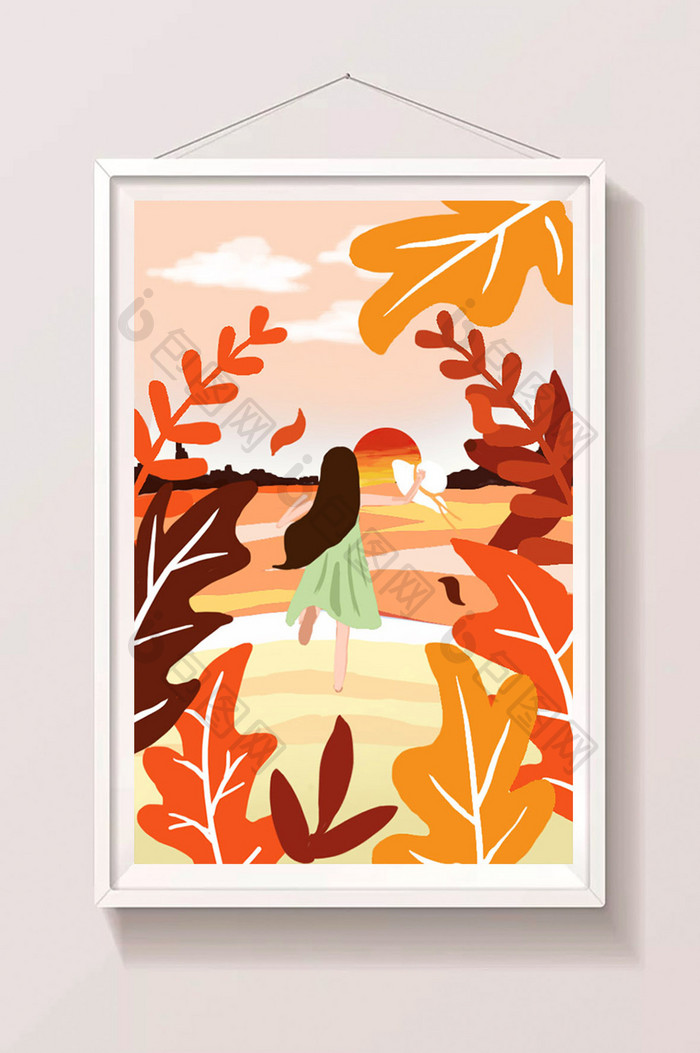 原创橙色立秋节气唯美海边女孩插画设计