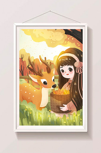 小清新唯美女孩与鹿二十四节气立秋插画设计图片
