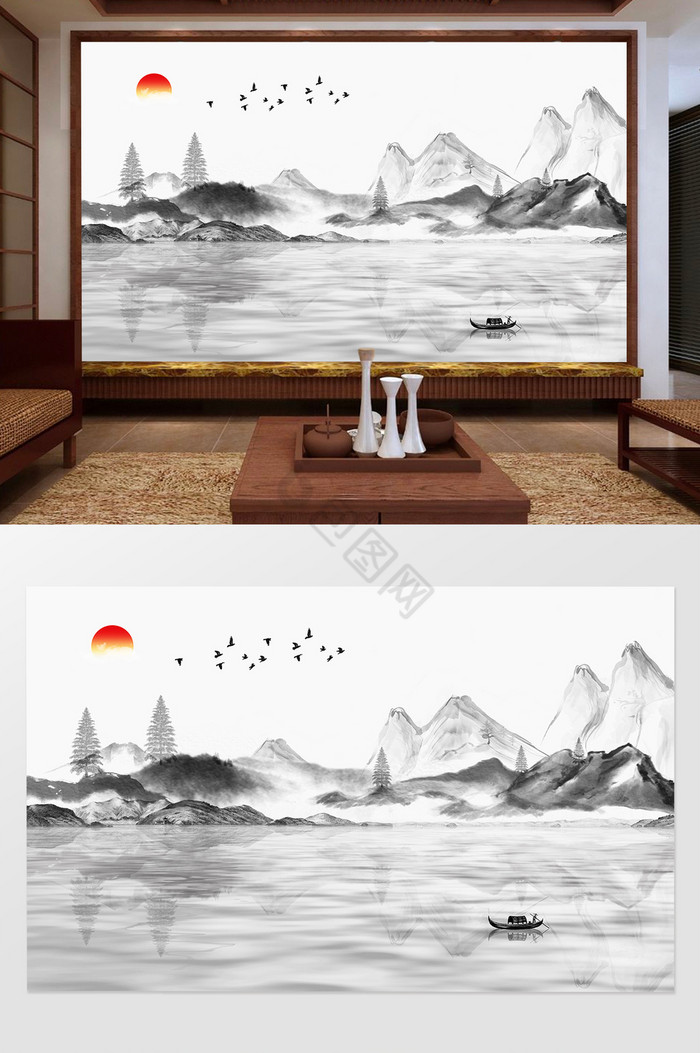 新中式山水风景画水墨意境背景墙图片