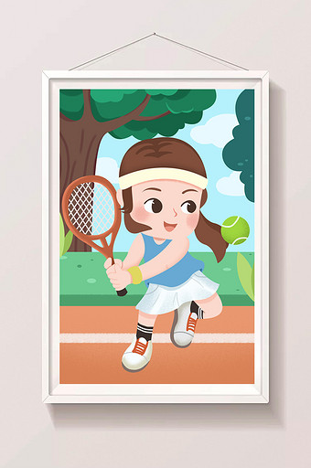 卡通夏学生假期暑假生活打网球手绘插画海报图片