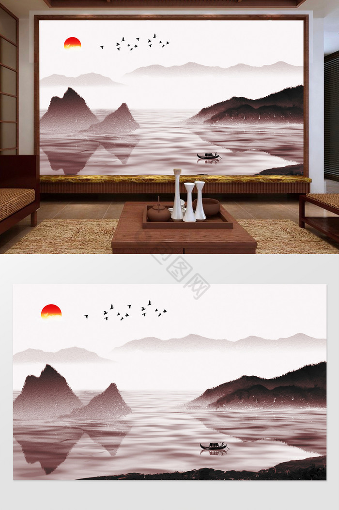 新中式唯美意境风山水电视背景墙图片