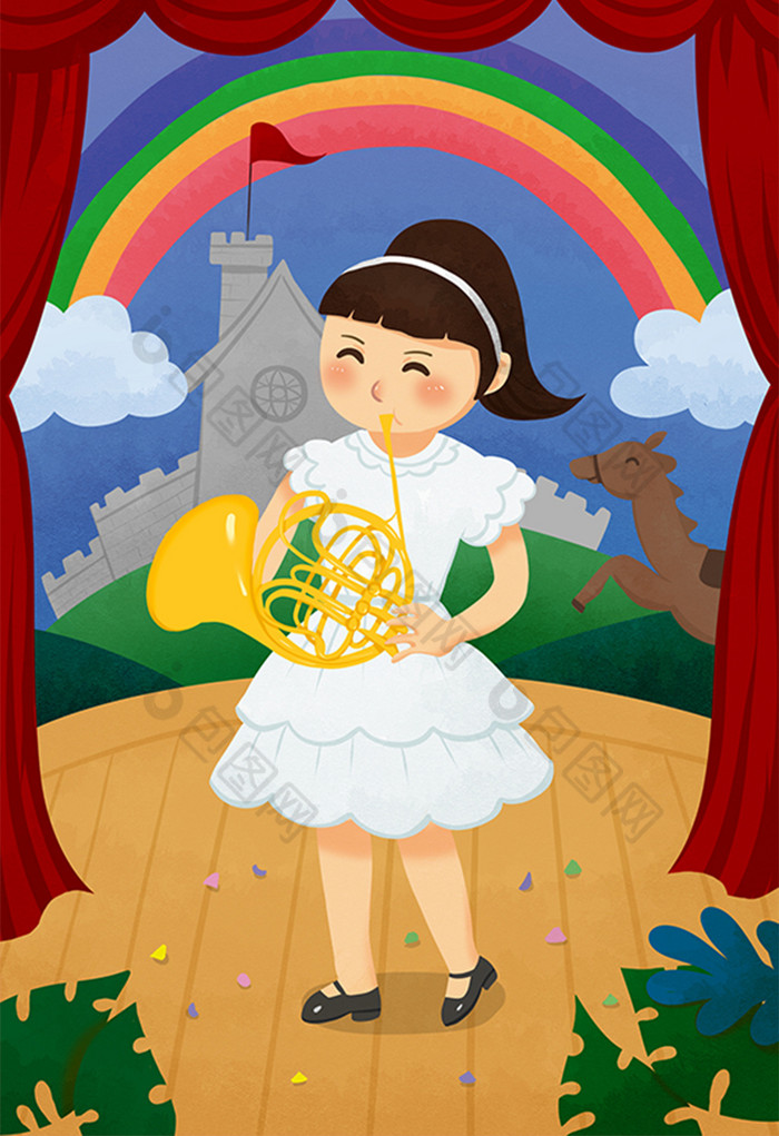 假期生活兴趣班学音乐之圆号插画图片