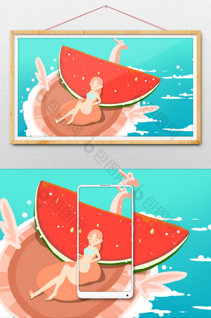 女孩坐在气垫上靠着西瓜晒太阳的暑假插画