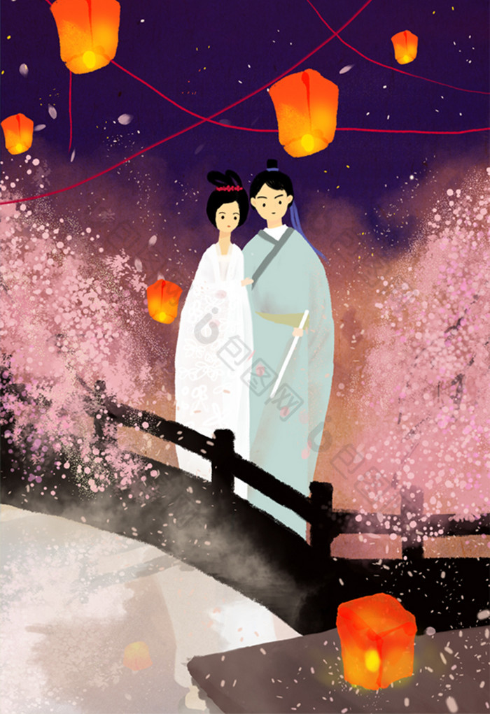 古风七夕情人浪漫情侣插画图片