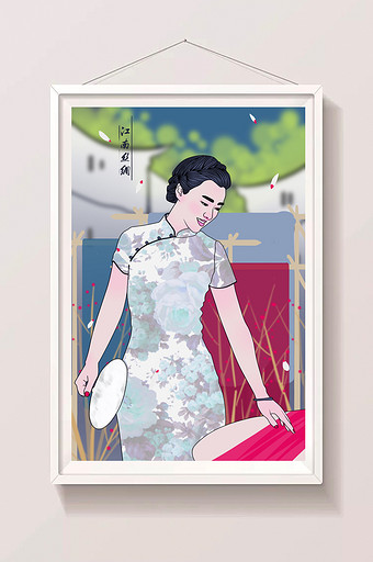 江南丝绸旗袍美女中国风清新唯美插画图片