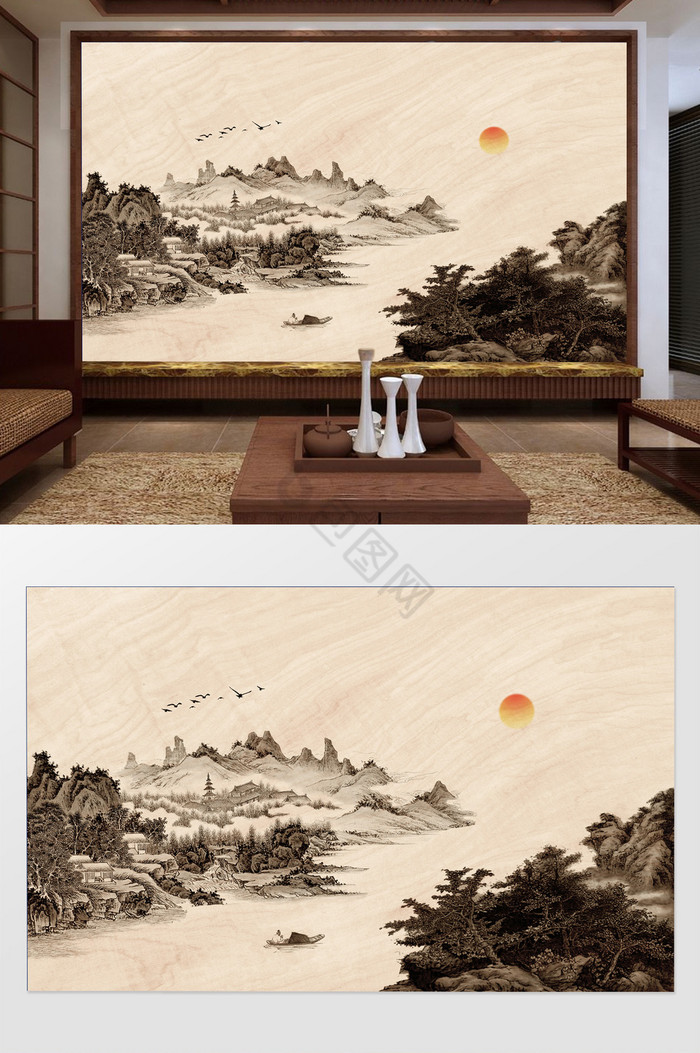 新中式水墨山河小舟夕阳写意背景墙装饰定制图片