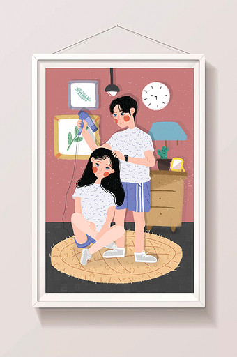 卡通七夕情人节浪漫情侣日常吹头发恩爱插画图片下载