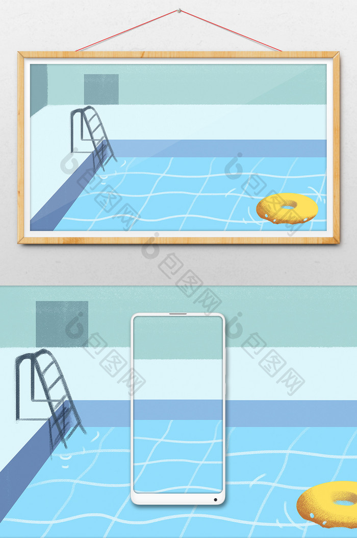 蓝色扁平风格游泳池背景插画