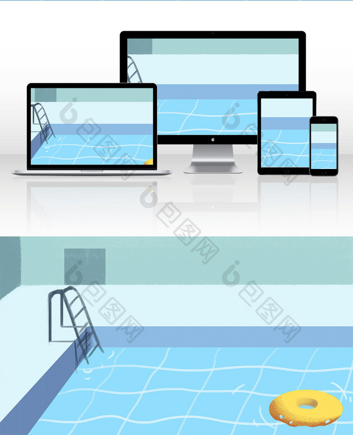 蓝色扁平风格游泳池背景插画