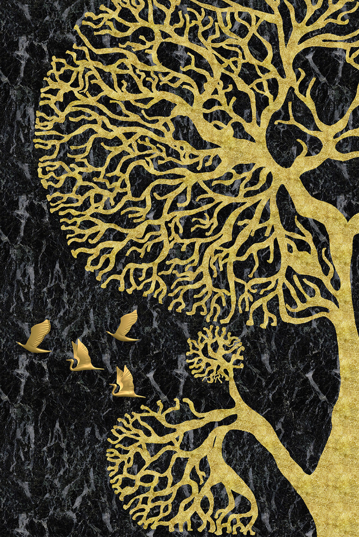金色大树小鸟装饰画