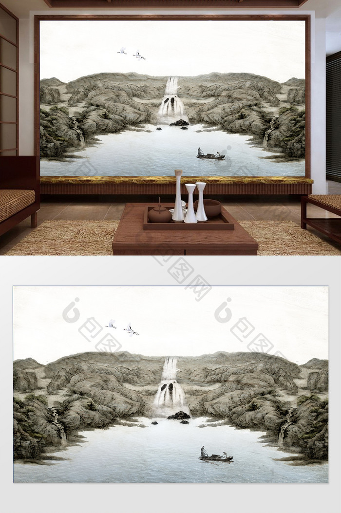 新中式水墨小船诗人环山湖心写意背景墙装饰