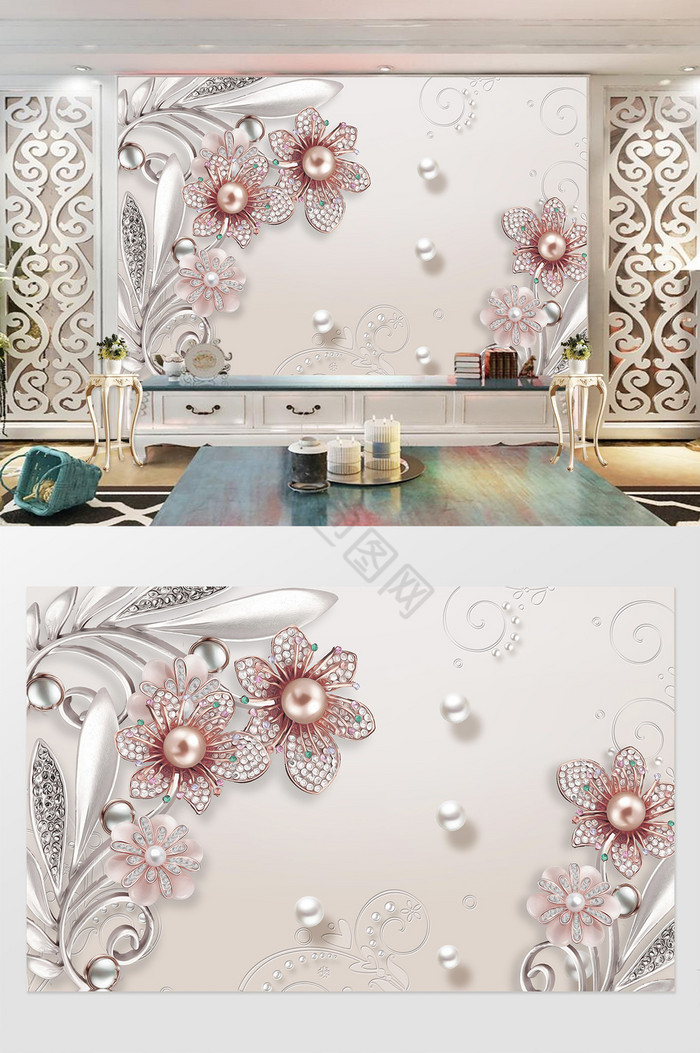 3d立体珠宝花朵珍珠背景墙图片