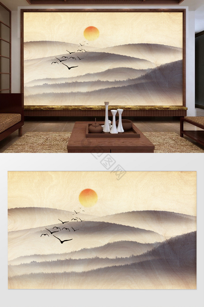 新中式水墨远山群鸟夕阳浓雾写意背景墙装饰图片