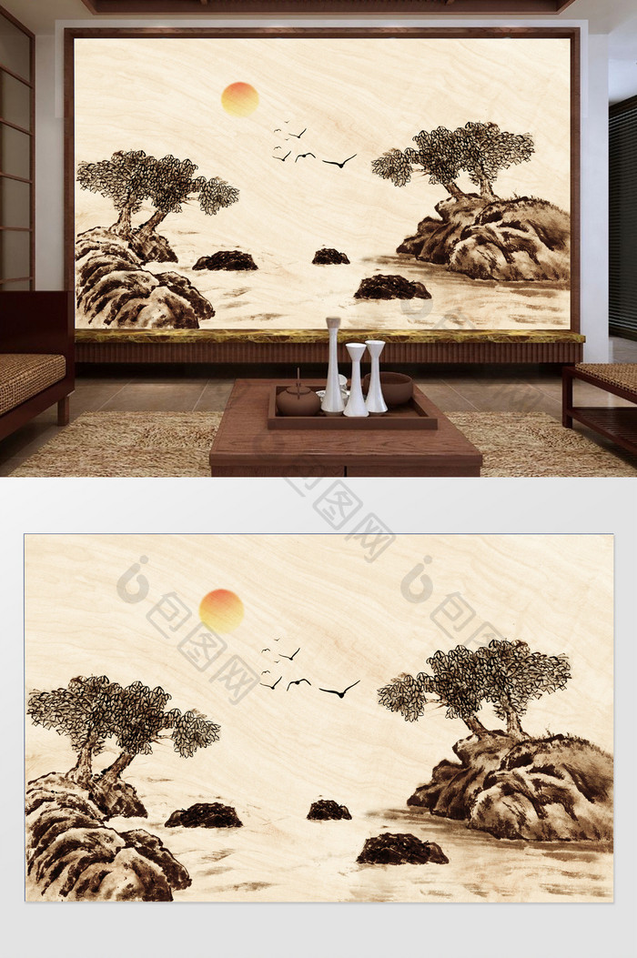 新中式水墨小溪群鸟朝阳写意背景墙装饰定制