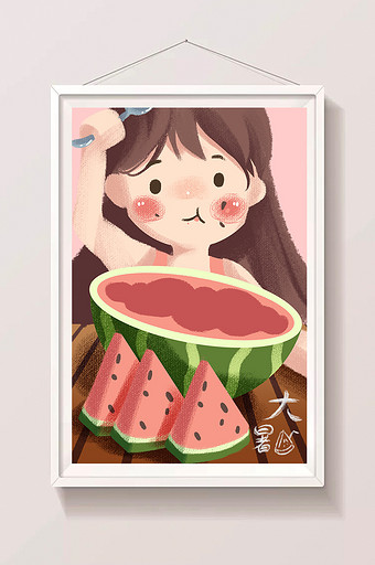 粉色小清新扁平风格吃西瓜的女孩插画图片