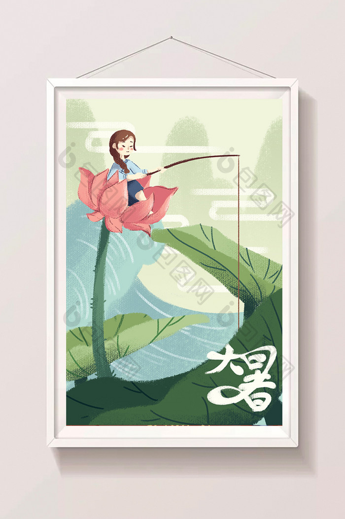 中国风在荷塘垂钓的女孩插画