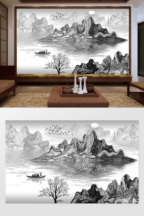 中式现代抽象山水画水墨背景壁画