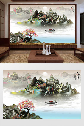 新中式写意抽象山水画背景墙壁画