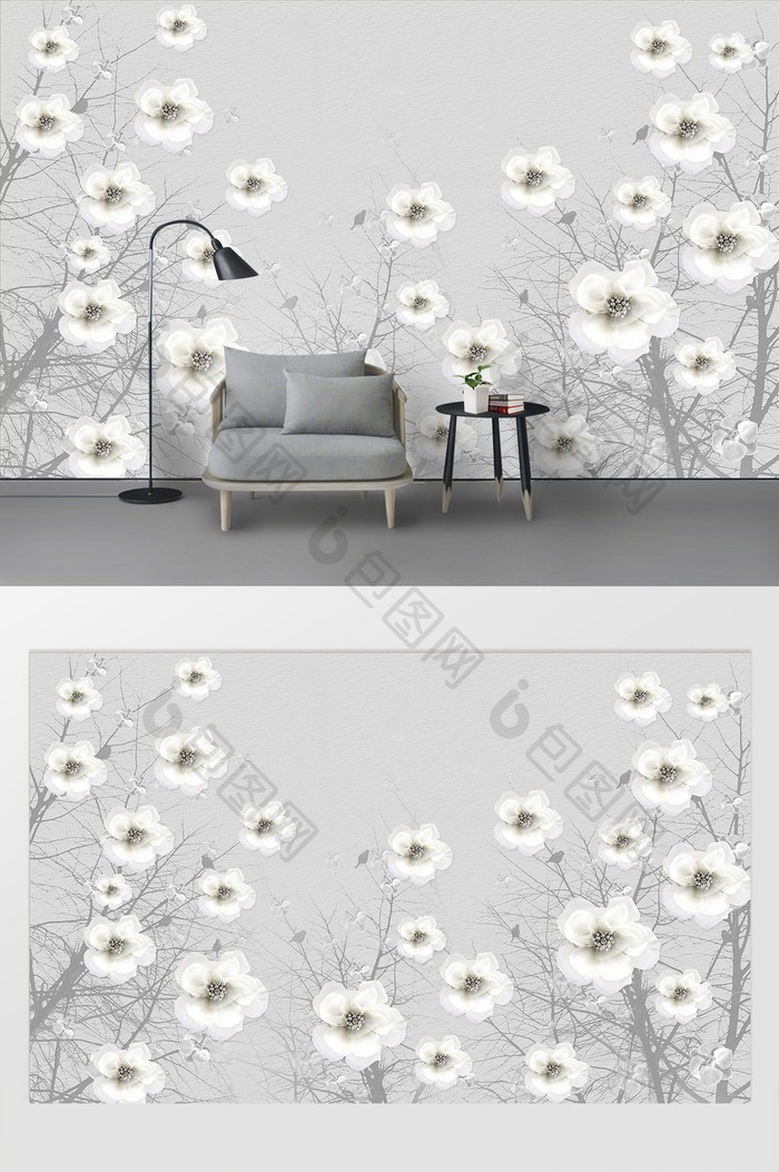 奢华白色花朵钻石电视背景墙