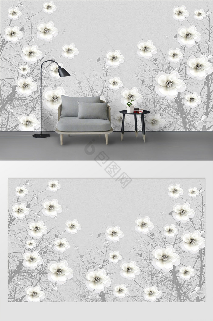 奢华白色花朵钻石电视背景墙图片