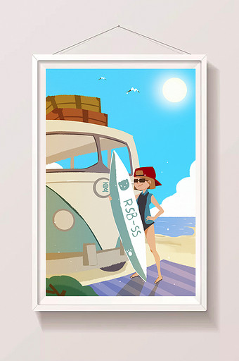 卡通暑假假期大暑小暑夏天海滩海边玩耍插画图片