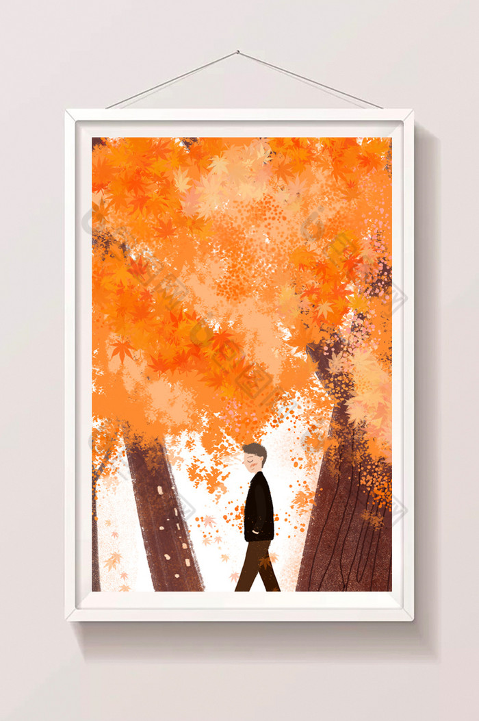 立秋枫叶男孩插画图片