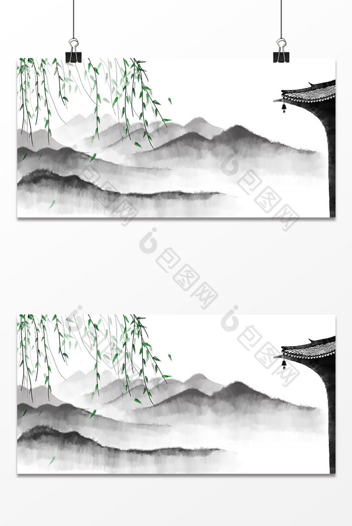 柳枝房屋背景图片