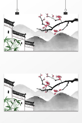 水墨民居梅花风景插画