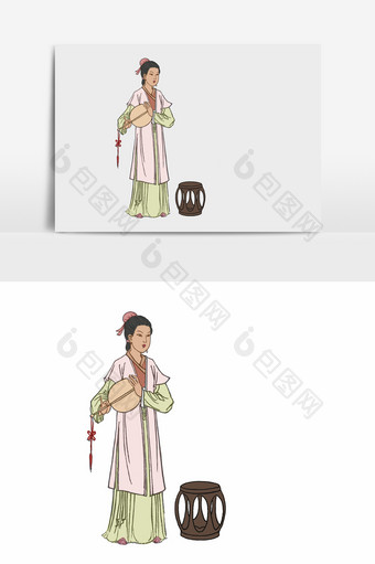 淡彩颜色国画风格的古代女人元素图片