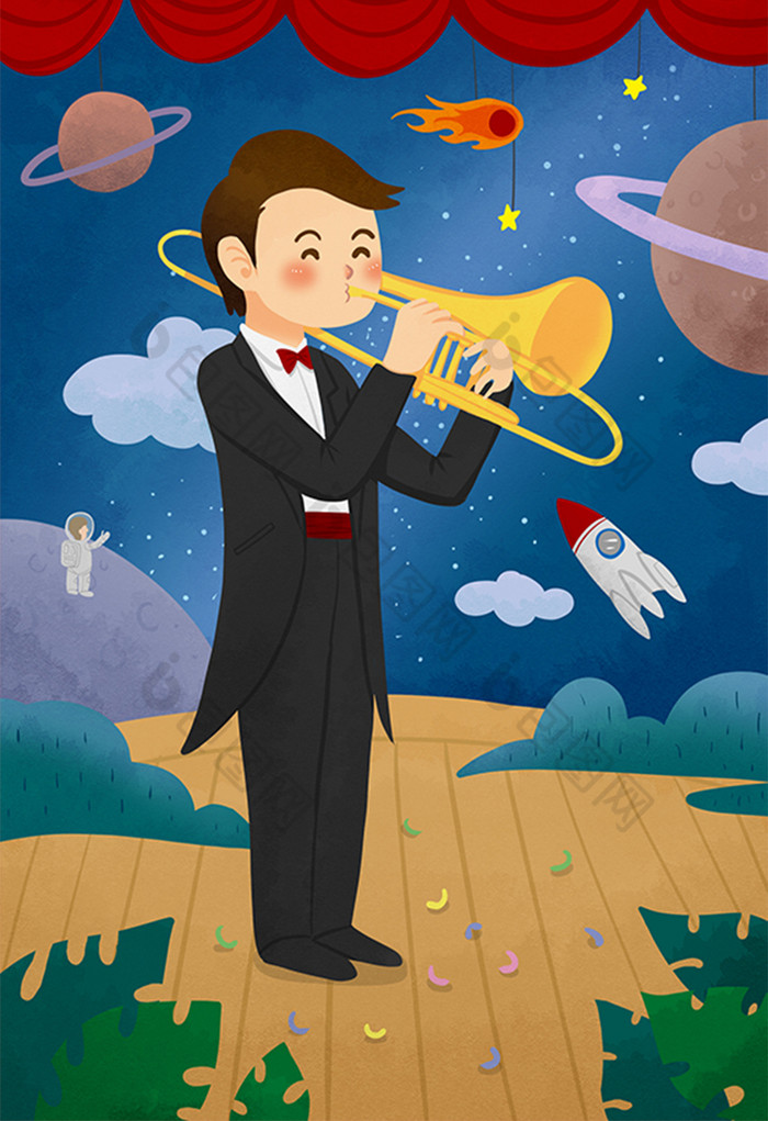 假期生活兴趣班学音乐之长号插画