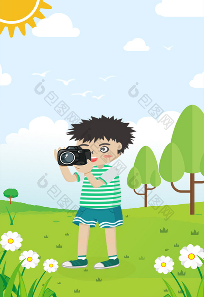清新户外拍照摄影男孩暑假生活插画