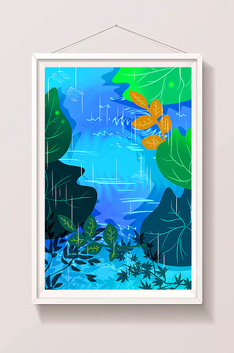卡通彩色下雨植物湖面图片