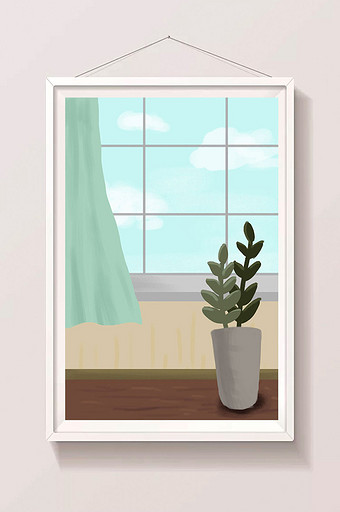 夏季蓝天室内窗户窗帘手绘插画背景图片