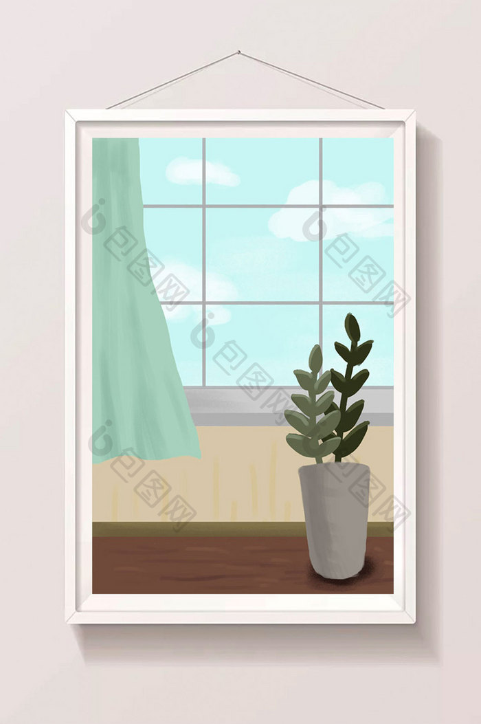夏季蓝天室内窗户窗帘手绘插画背景